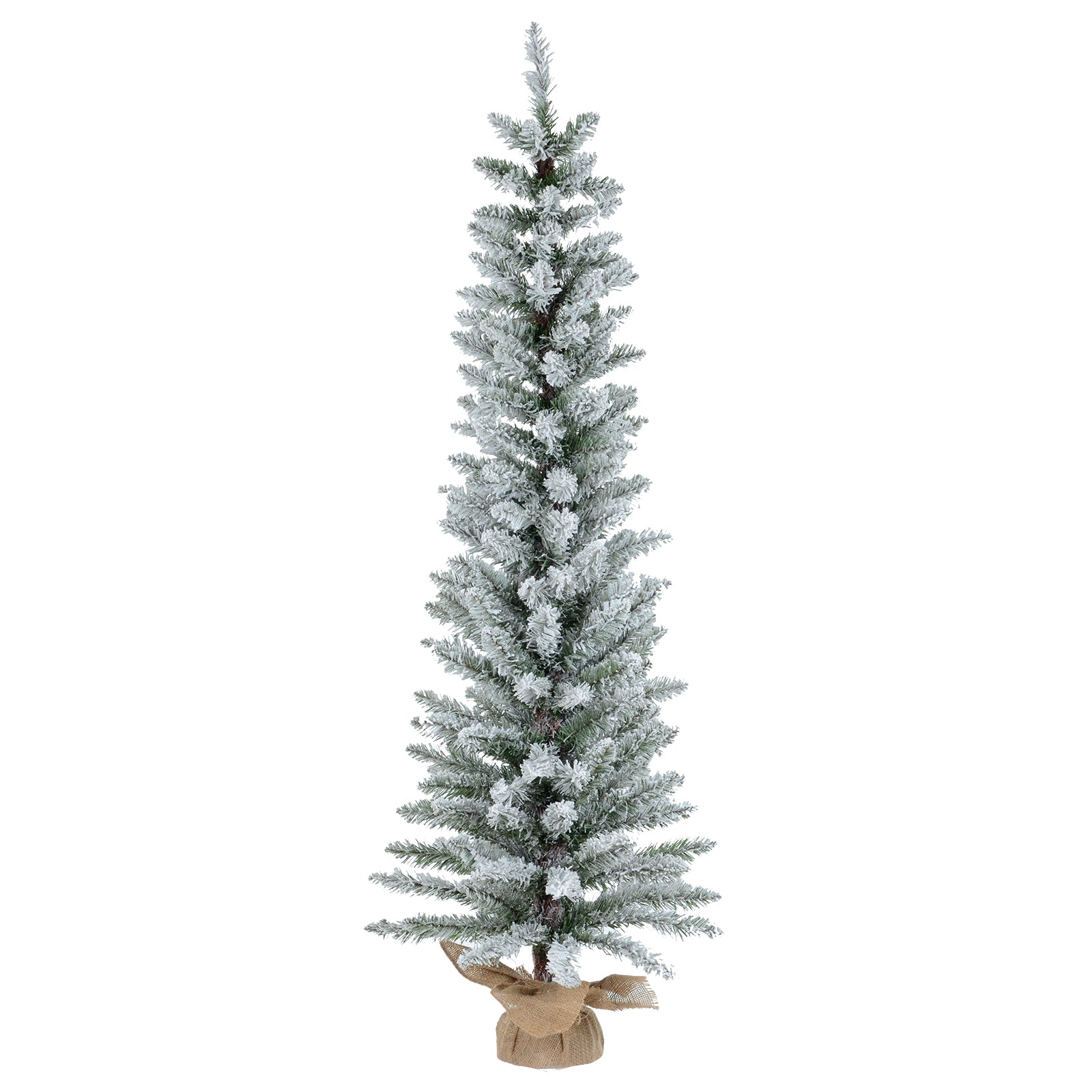 Mr Crimbo 3ft 4ft 5ft Flocked Pencil Christmas Tree Jute Base - MrCrimbo.co.uk -XS6438 - 5ft -3ft tree